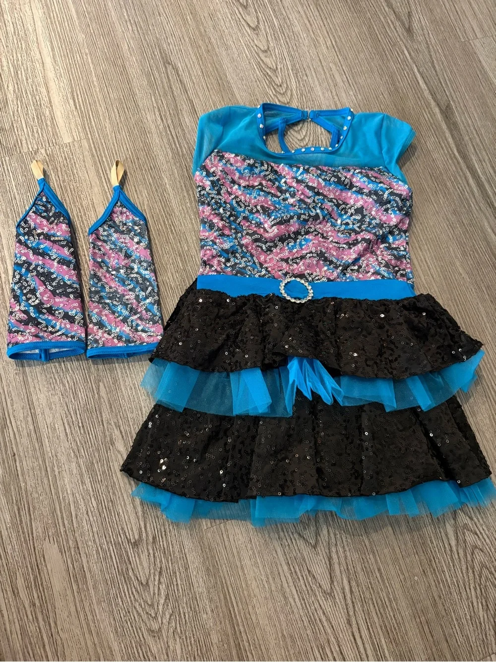 Weissman Turquoise, Black & Pink Sequin Kids Dance Costume with Gloves